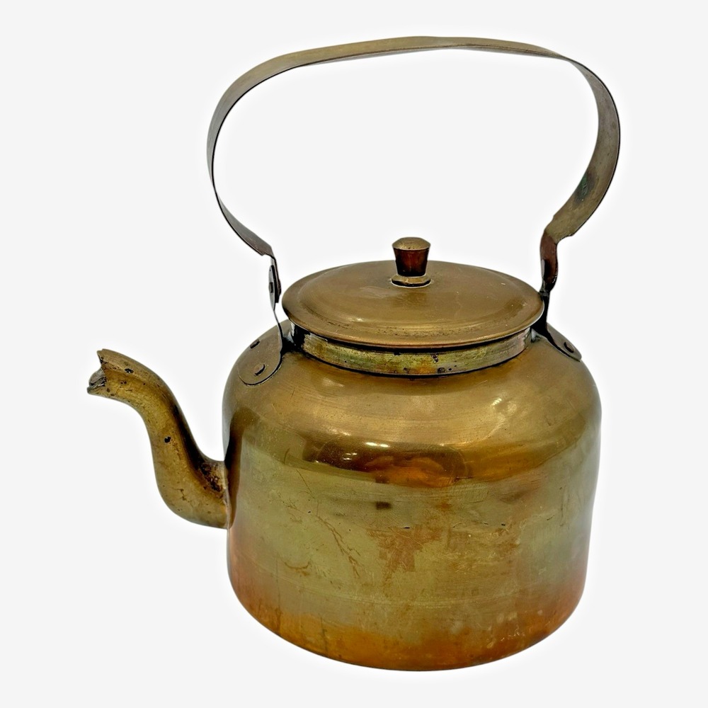 Brass Tea Kettle Primitive Farmhouse Cottage Cabin Rustic Kitchen Decor Vintage